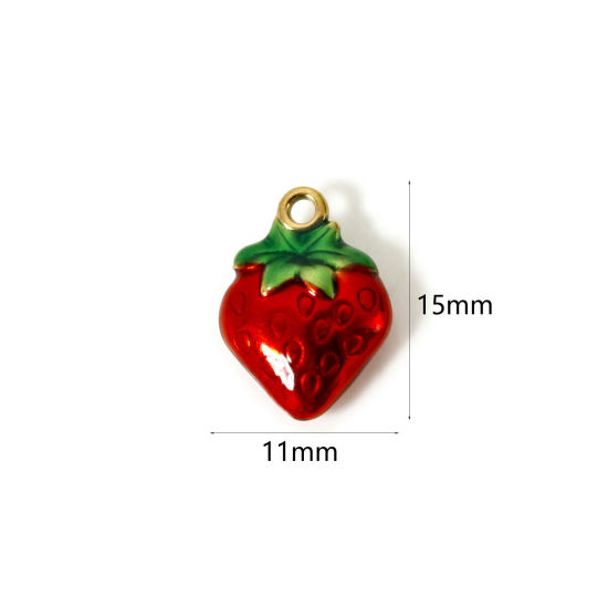 Picture of 1 Piece Vacuum Plating 304 Stainless Steel Charms 18K Gold Plated Red Enamel Strawberry Fruit 15mm x 11mm