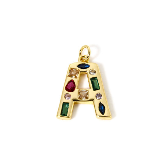 Imagen de 2 Unidades Respetuoso del Medio Ambiente Latón Colgantes 18K Oro Real Chapado Letra Mayúscula Mensaje " A " Multicolor Rhinestone 23mm x 15.5mm