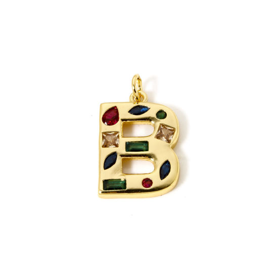 Imagen de 2 Unidades Respetuoso del Medio Ambiente Latón Colgantes 18K Oro Real Chapado Letra Mayúscula Mensaje " B " Multicolor Rhinestone 24mm x 14mm