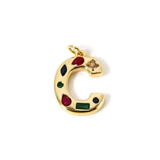 Imagen de 2 Unidades Respetuoso del Medio Ambiente Latón Colgantes 18K Oro Real Chapado Letra Mayúscula Mensaje " C " Multicolor Rhinestone 24mm x 14.5mm