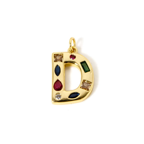 Imagen de 2 Unidades Respetuoso del Medio Ambiente Latón Colgantes 18K Oro Real Chapado Letra Mayúscula Mensaje " D " Multicolor Rhinestone 22mm x 13mm