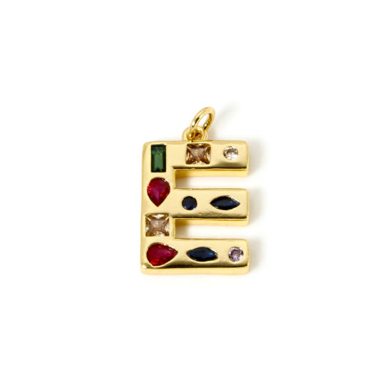 Imagen de 2 Unidades Respetuoso del Medio Ambiente Latón Colgantes 18K Oro Real Chapado Letra Mayúscula Mensaje " E " Multicolor Rhinestone 23mm x 13.5mm