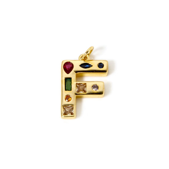 Imagen de 2 Unidades Respetuoso del Medio Ambiente Latón Colgantes 18K Oro Real Chapado Letra Mayúscula Mensaje " D " Multicolor Rhinestone 23mm x 13mm