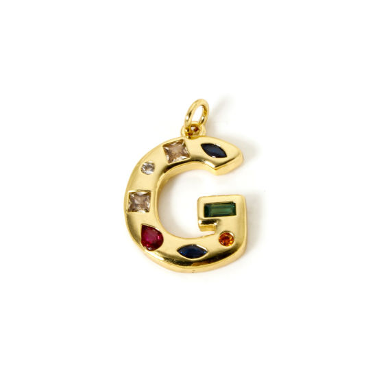 Imagen de 2 Unidades Respetuoso del Medio Ambiente Latón Colgantes 18K Oro Real Chapado Letra Mayúscula Mensaje " G " Multicolor Rhinestone 24mm x 16mm
