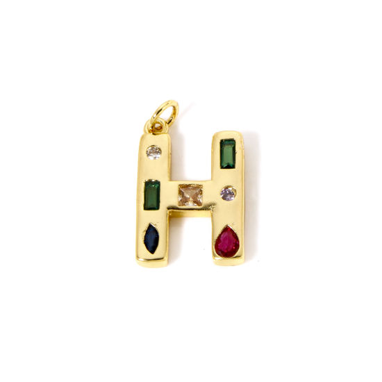 Imagen de 2 Unidades Respetuoso del Medio Ambiente Latón Colgantes 18K Oro Real Chapado Letra Mayúscula Mensaje " H " Multicolor Rhinestone 23mm x 13mm