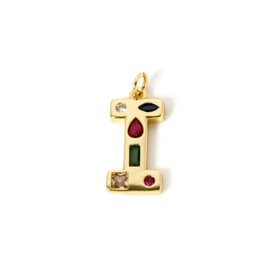 Imagen de 2 Unidades Respetuoso del Medio Ambiente Latón Colgantes 18K Oro Real Chapado Letra Mayúscula Mensaje " I " Multicolor Rhinestone 23mm x 10mm