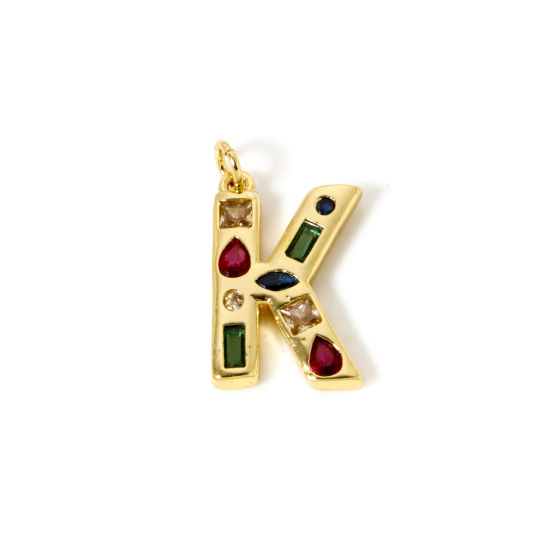 Imagen de 2 Unidades Respetuoso del Medio Ambiente Latón Colgantes 18K Oro Real Chapado Letra Mayúscula Mensaje " K " Multicolor Rhinestone 24mm x 13mm