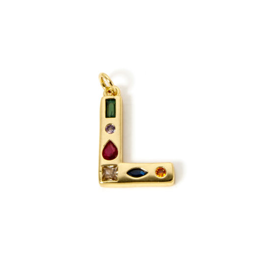 Imagen de 2 Unidades Respetuoso del Medio Ambiente Latón Colgantes 18K Oro Real Chapado Letra Mayúscula Mensaje " L " Multicolor Rhinestone 23mm x 14mm