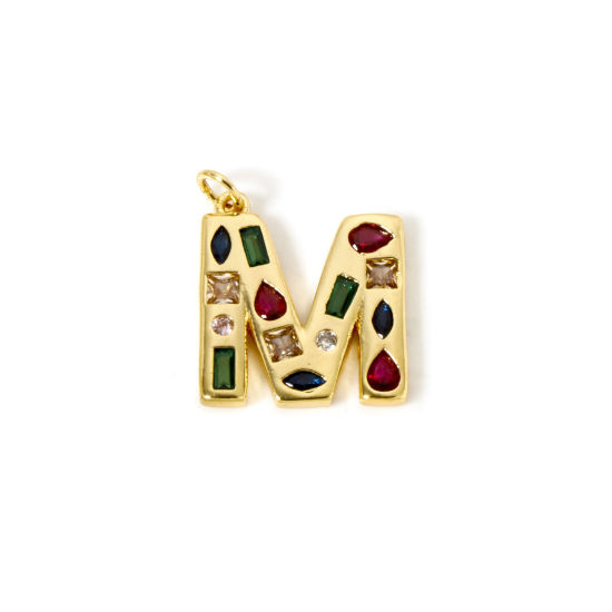 Imagen de 2 Unidades Respetuoso del Medio Ambiente Latón Colgantes 18K Oro Real Chapado Letra Mayúscula Mensaje " M " Multicolor Rhinestone 24mm x 18mm
