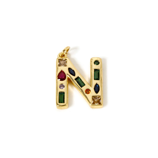 Imagen de 2 Unidades Respetuoso del Medio Ambiente Latón Colgantes 18K Oro Real Chapado Letra Mayúscula Mensaje " N " Multicolor Rhinestone 24mm x 15.5mm