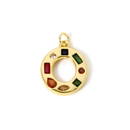 Imagen de 2 Unidades Respetuoso del Medio Ambiente Latón Colgantes 18K Oro Real Chapado Letra Mayúscula Mensaje " O " Multicolor Rhinestone 23mm x 16mm