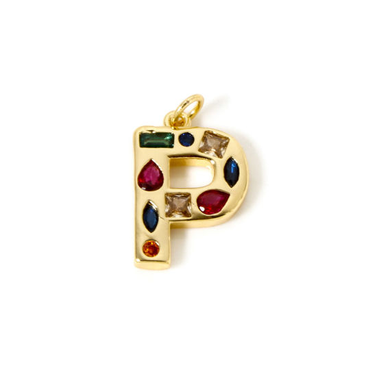 Imagen de 2 Unidades Respetuoso del Medio Ambiente Latón Colgantes 18K Oro Real Chapado Letra Mayúscula Mensaje " P " Multicolor Rhinestone 22mm x 13mm