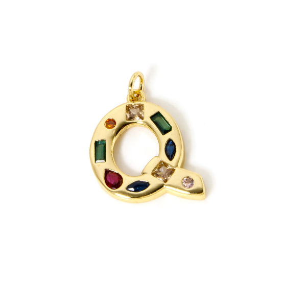 Imagen de 2 Unidades Respetuoso del Medio Ambiente Latón Colgantes 18K Oro Real Chapado Letra Mayúscula Mensaje " Q " Multicolor Rhinestone 23mm x 19mm