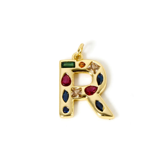 Imagen de 2 Unidades Respetuoso del Medio Ambiente Latón Colgantes 18K Oro Real Chapado Letra Mayúscula Mensaje " R " Multicolor Rhinestone 23mm x 15mm