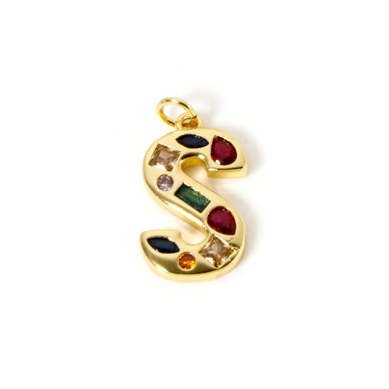 Imagen de 2 Unidades Respetuoso del Medio Ambiente Latón Colgantes 18K Oro Real Chapado Letra Mayúscula Mensaje " S " Multicolor Rhinestone 24mm x 12mm