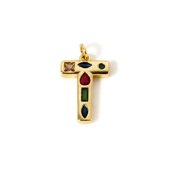 Imagen de 2 Unidades Respetuoso del Medio Ambiente Latón Colgantes 18K Oro Real Chapado Letra Mayúscula Mensaje " T " Multicolor Rhinestone 23mm x 13mm