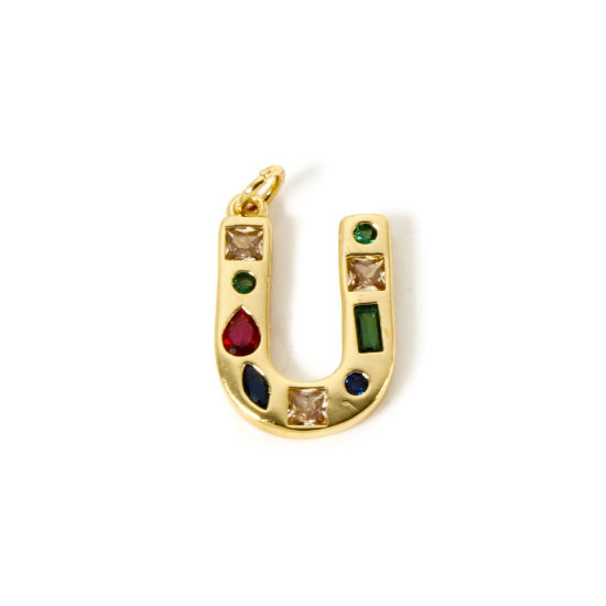 Imagen de 2 Unidades Respetuoso del Medio Ambiente Latón Colgantes 18K Oro Real Chapado Letra Mayúscula Mensaje " U " Multicolor Rhinestone 23mm x 14mm