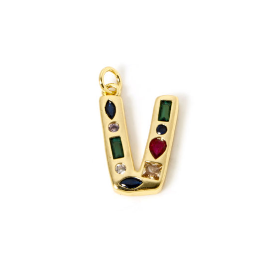 Imagen de 2 Unidades Respetuoso del Medio Ambiente Latón Colgantes 18K Oro Real Chapado Letra Mayúscula Mensaje " V " Multicolor Rhinestone 23mm x 13mm