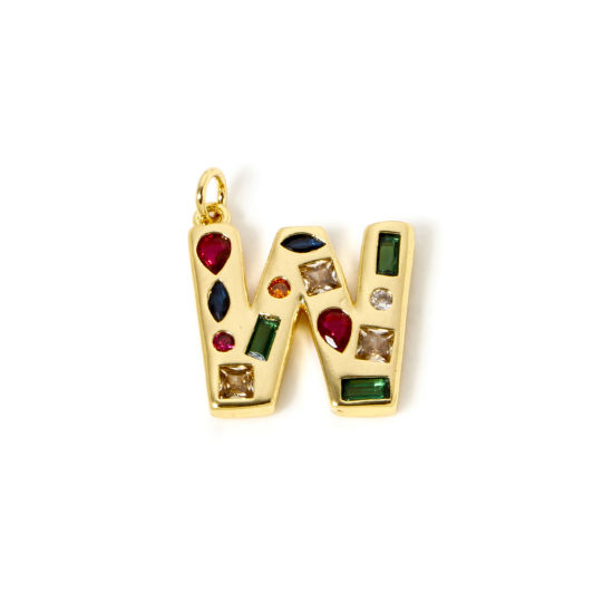 Imagen de 2 Unidades Respetuoso del Medio Ambiente Latón Colgantes 18K Oro Real Chapado Letra Mayúscula Mensaje " W " Multicolor Rhinestone 23mm x 19mm