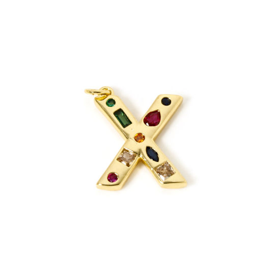 Imagen de 2 Unidades Respetuoso del Medio Ambiente Latón Colgantes 18K Oro Real Chapado Letra Mayúscula Mensaje " X " Multicolor Rhinestone 24mm x 17mm