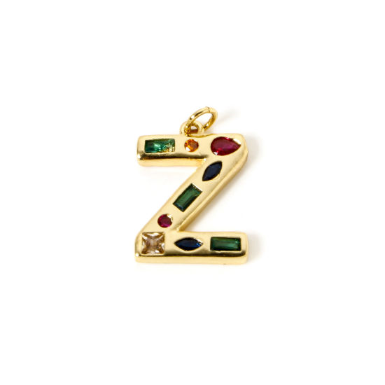 Imagen de 2 Unidades Respetuoso del Medio Ambiente Latón Colgantes 18K Oro Real Chapado Letra Mayúscula Mensaje " Z " Multicolor Rhinestone 23mm x 15mm