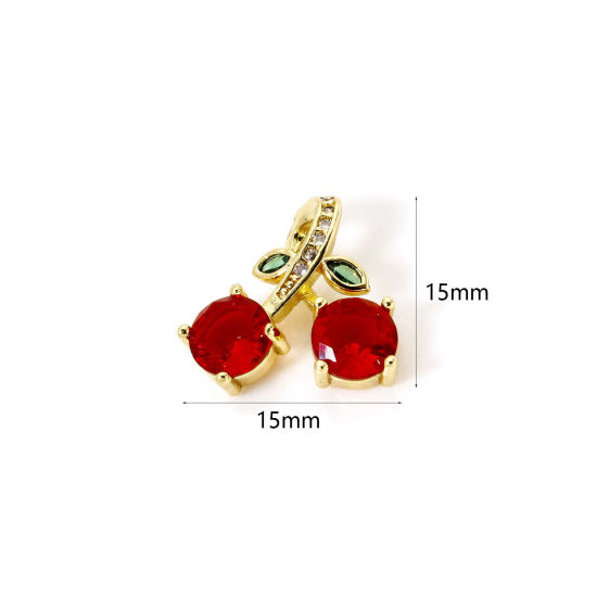 Picture of 2 PCs Eco-friendly Brass Charms 18K Real Gold Plated Cherry Fruit Red Rhinestone 15mm x 15mm