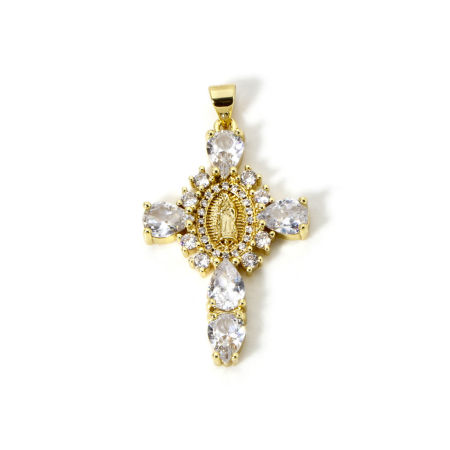 Picture of 1 Piece Eco-friendly Brass Religious Pendants 18K Real Gold Plated Cross Virgin Mary Clear Rhinestone Clear Cubic Zirconia 4cm x 2.3cm