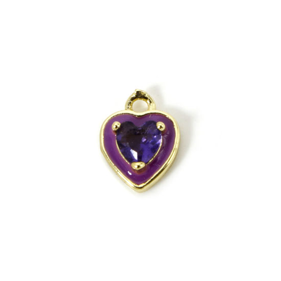 Image de 2 Pcs Breloques La Saint Valentin Respectueux de la Nature en Laiton Plaqué Or Véritable 18K Violet Cœur Émail à Strass Pourpre 12mm x 9mm