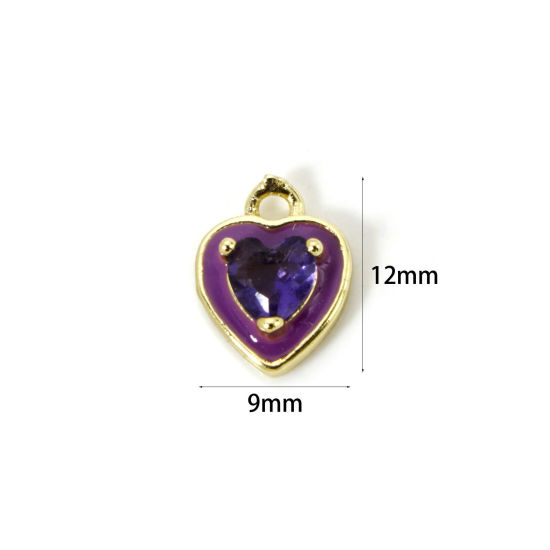 Image de 2 Pcs Breloques La Saint Valentin Respectueux de la Nature en Laiton Plaqué Or Véritable 18K Violet Cœur Émail à Strass Pourpre 12mm x 9mm