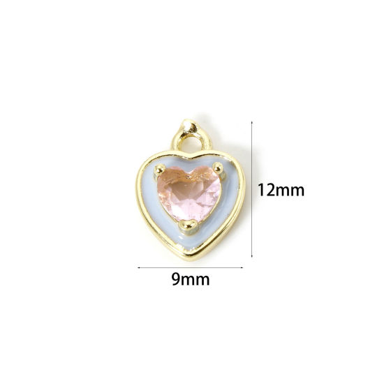 Image de 2 Pcs Breloques La Saint Valentin Respectueux de la Nature en Laiton Plaqué Or Véritable 18K Bleu Clair Cœur Émail à Strass Rose Clair 12mm x 9mm