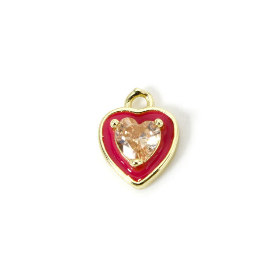 Image de 2 Pcs Breloques La Saint Valentin Respectueux de la Nature en Laiton Plaqué Or Véritable 18K Rouge Cœur Émail à Strass Champagne 12mm x 9mm