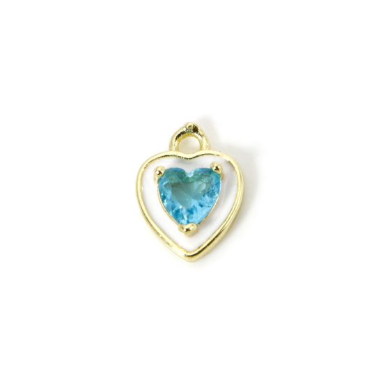 Image de 2 Pcs Breloques La Saint Valentin Respectueux de la Nature en Laiton Plaqué Or Véritable 18K Blanc Cœur Émail à Strass Bleu 12mm x 9mm