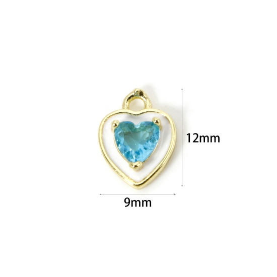 Image de 2 Pcs Breloques La Saint Valentin Respectueux de la Nature en Laiton Plaqué Or Véritable 18K Blanc Cœur Émail à Strass Bleu 12mm x 9mm