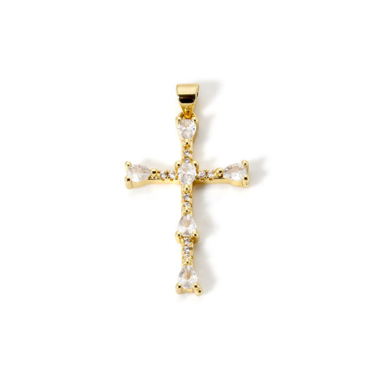 Imagen de 2 Unidades Respetuoso del Medio Ambiente Latón Religión Colgantes 18K Oro Real Chapado Cruz Claro Circón Artificial 3.6cm x 2cm
