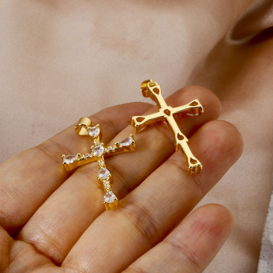Imagen de 2 Unidades Respetuoso del Medio Ambiente Latón Religión Colgantes 18K Oro Real Chapado Cruz Claro Circón Artificial 3.6cm x 2cm