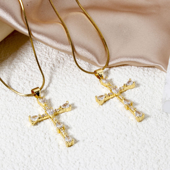 Imagen de 2 Unidades Respetuoso del Medio Ambiente Latón Religión Colgantes 18K Oro Real Chapado Cruz Claro Circón Artificial 3.6cm x 2cm