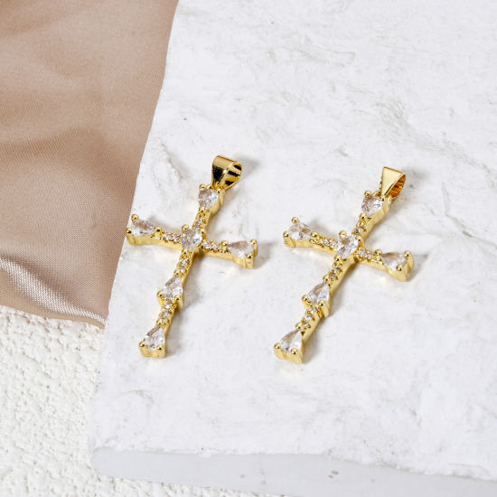 Imagen de 2 Unidades Respetuoso del Medio Ambiente Latón Religión Colgantes 18K Oro Real Chapado Cruz Claro Circón Artificial 3.6cm x 2cm