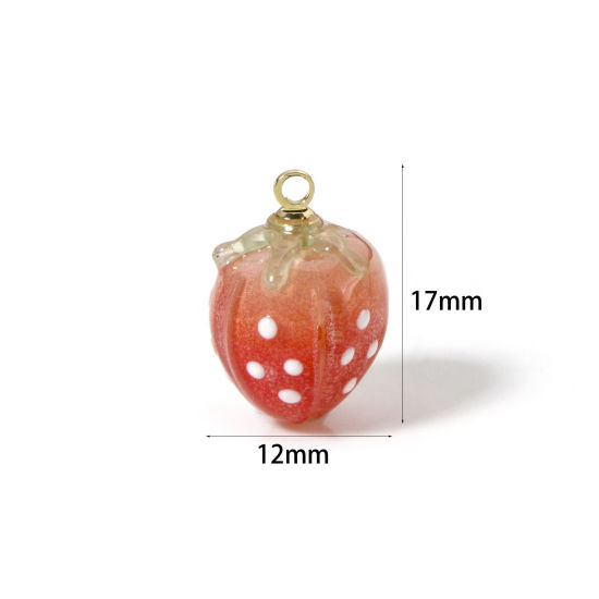 Image de 5 Pcs Breloques en Laiton & Résine Fraises 3D Plaqué Or 18K Rouge 17mm x 12mm