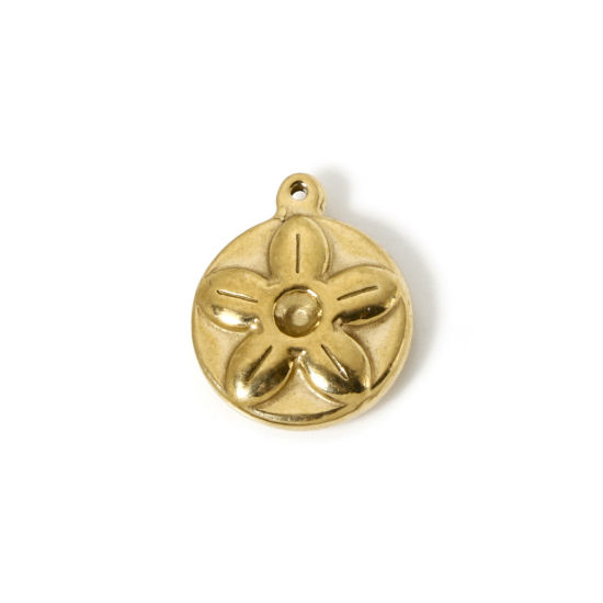 Immagine di 1 Pz Placcatura Sottovuoto PVD Ecologica 304 Acciaio Inossidabile Collezione Flora Ciondoli Tondo Disco 14K Vero Oro Placcato ss12 Adatto Strass Indietro) Fiore 20mm x 16mm