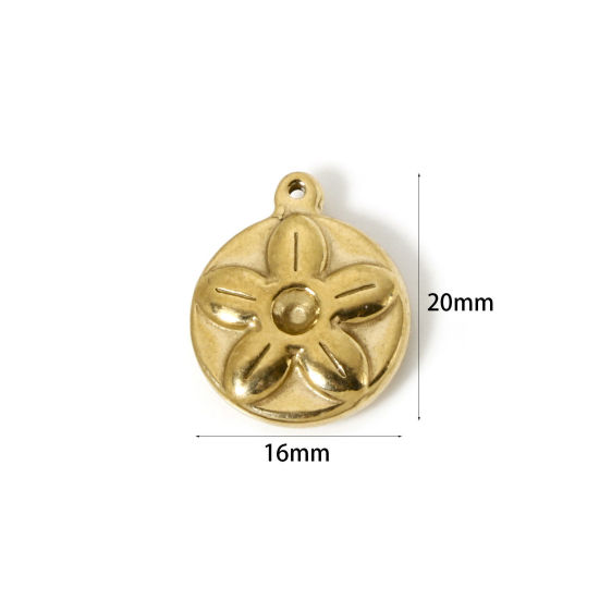 Immagine di 1 Pz Placcatura Sottovuoto PVD Ecologica 304 Acciaio Inossidabile Collezione Flora Ciondoli Tondo Disco 14K Vero Oro Placcato ss12 Adatto Strass Indietro) Fiore 20mm x 16mm