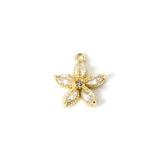 Picture of 2 PCs Brass Micro Pave Charms 18K Gold Plated Flower Clear Cubic Zirconia 12mm x 11mm