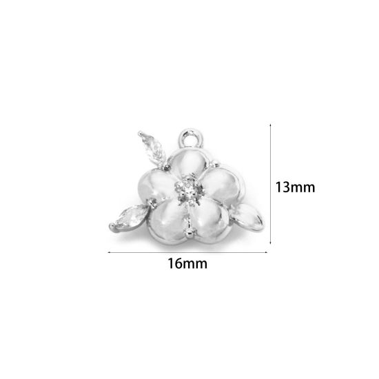 Picture of 2 PCs Brass Charms Platinum Plated Flower Clear Cubic Zirconia 16mm x 13mm