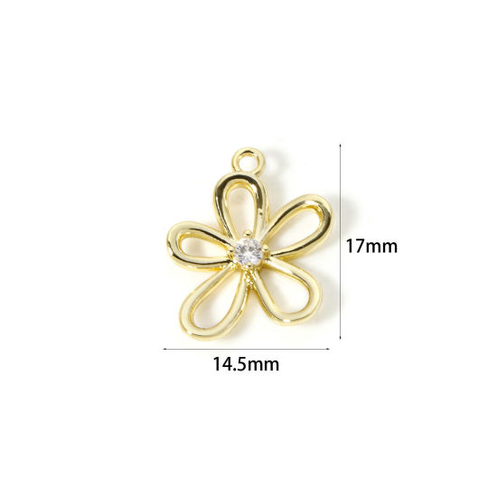 Picture of 2 PCs Brass Charms 18K Gold Plated Flower Hollow Clear Cubic Zirconia 17mm x 14.5mm