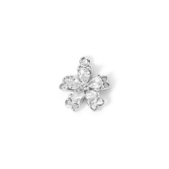 Bild von 2 PCs Brass Charms Platinum Plated Flower Clear Cubic Zirconia 11mm x 10mm