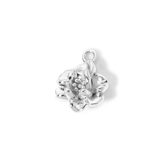 Picture of 2 PCs Brass Charms Platinum Plated Flower 3D 13mm x 10mm