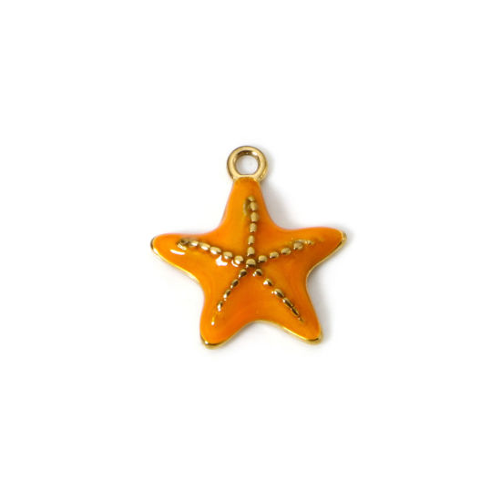 Imagen de 1 Unidad Recubrimiento al Vacío PVD Ecológico 304 Acero Inoxidable Joyería del océano Colgantes Estrella de mar 14K Oro Real Chapado Naranja Esmalte 16mm x 15mm