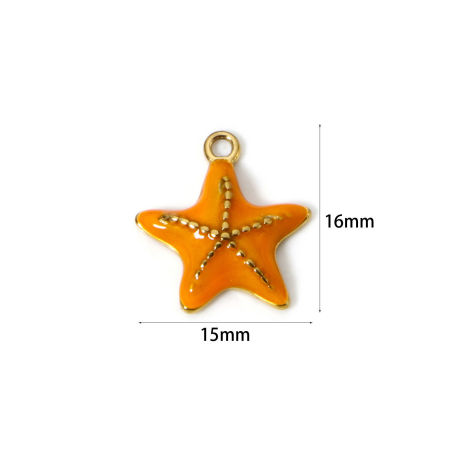 Image de 1 Pièce Breloques en 304 Acier Inoxydable Imperméable Anti-ternissement Hypoallergénique Revêtement sous Vide PVD Respectueux de l'Environnement Bijoux d'Océan Etoile de Mer Plaqué Or Véritable 14K Orange Émail 16mm x 15mm