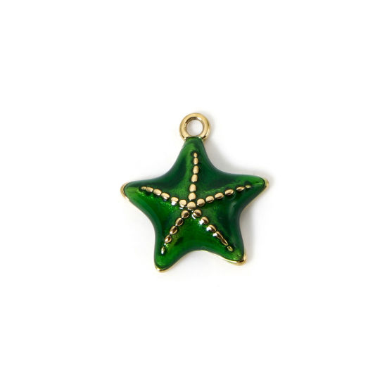 Imagen de 1 Unidad Recubrimiento al Vacío PVD Ecológico 304 Acero Inoxidable Joyería del océano Colgantes Estrella de mar 14K Oro Real Chapado Verde Esmalte 16mm x 15mm