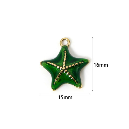 Imagen de 1 Unidad Recubrimiento al Vacío PVD Ecológico 304 Acero Inoxidable Joyería del océano Colgantes Estrella de mar 14K Oro Real Chapado Verde Esmalte 16mm x 15mm