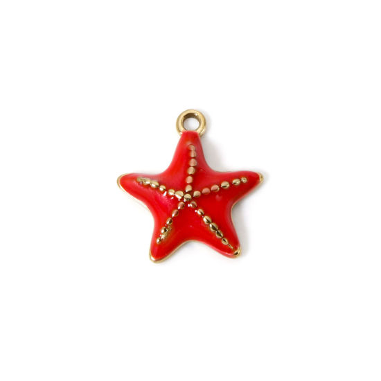Imagen de 1 Unidad Recubrimiento al Vacío PVD Ecológico 304 Acero Inoxidable Joyería del océano Colgantes Estrella de mar 14K Oro Real Chapado Rojo Sandía Esmalte 16mm x 15mm